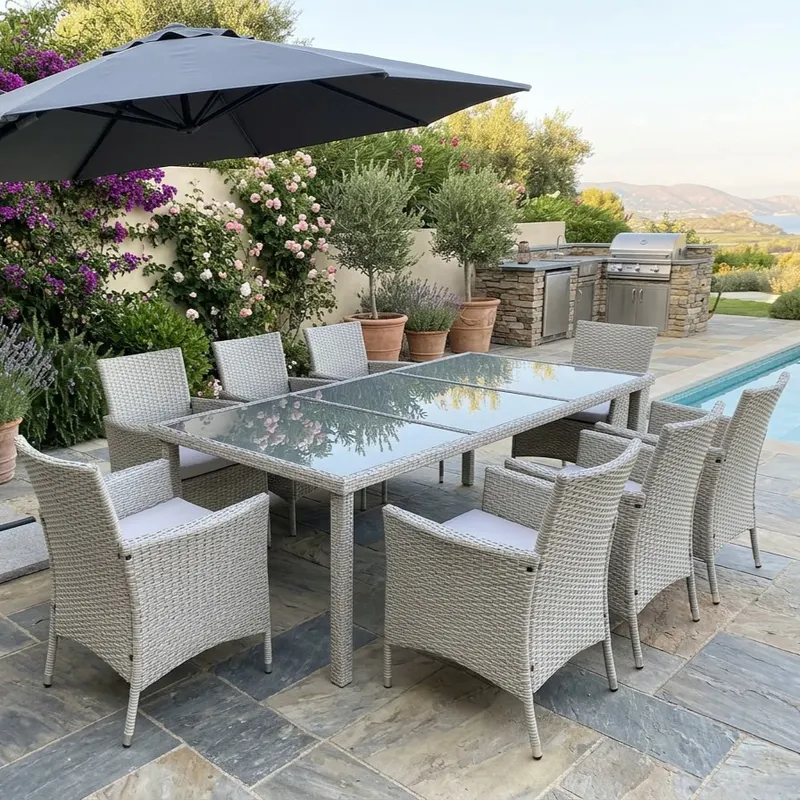 Set mobilier gradina 8 scaune si masa 196x98x73 cm, ratan si cadru otel zincat, blat masa sticla securizata, gri