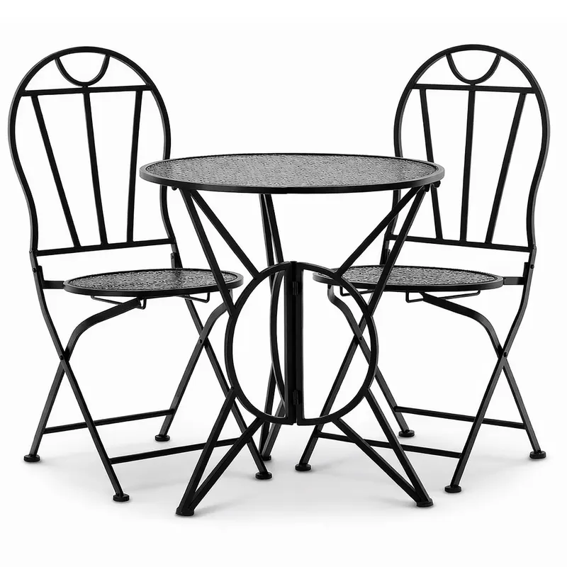 Set mobilier gradina metalic masa 60x60 si 2 scaune vintage, 50x40x94 cm, pliabil, negru mat