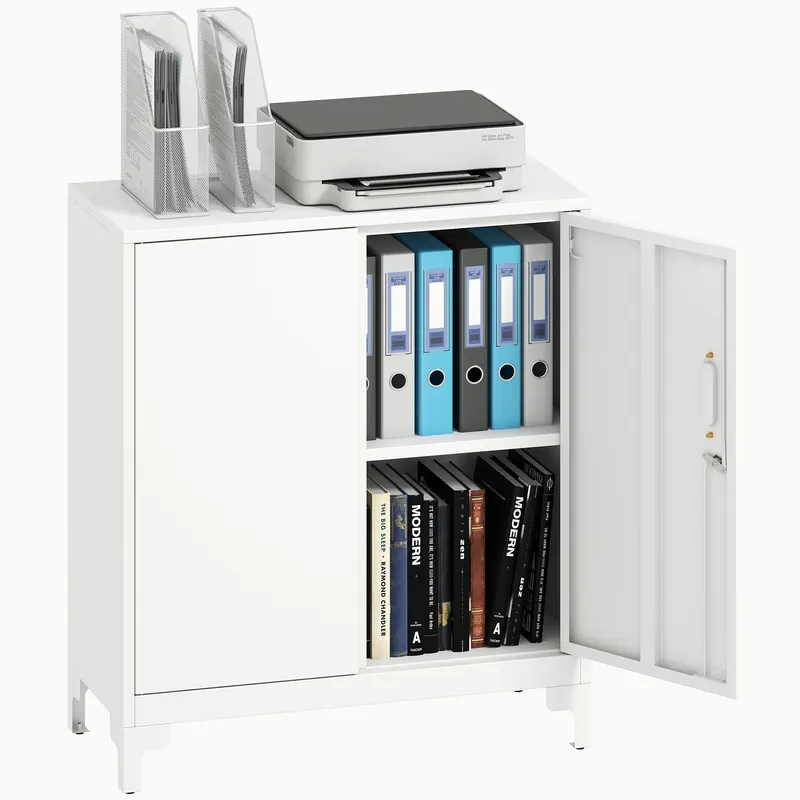 HOMCOM Dulap de birou din metal, uși cu închidere, comodă de birou, design în 2 nivele, Alb