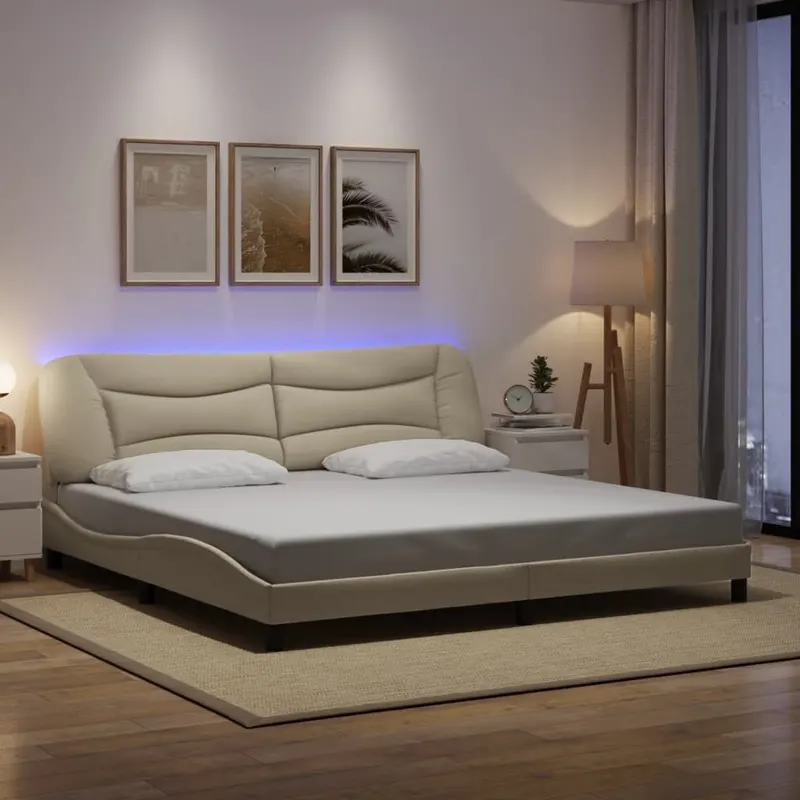 cadru de pat cu lumini led, crem, 200x200 cm, textil
