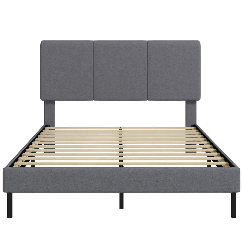 HOMCOM Cadru de pat 140 x 200 cm cu tăblie reglabilă, pat căptușit cu aspect de in cu 12 lamele