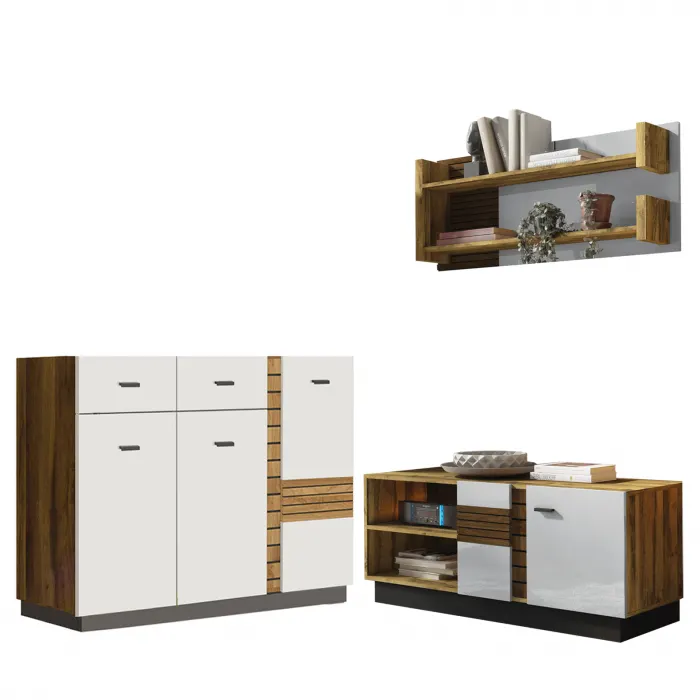 Set Living VAL GARDENA, 3 corpuri, comoda VG12, comoda VG4, etajera, VG9, corp PAL nuc, fronturi MDF late lucios