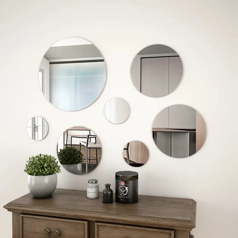 set oglinda de perete, 7 piese, sticla, rotunda