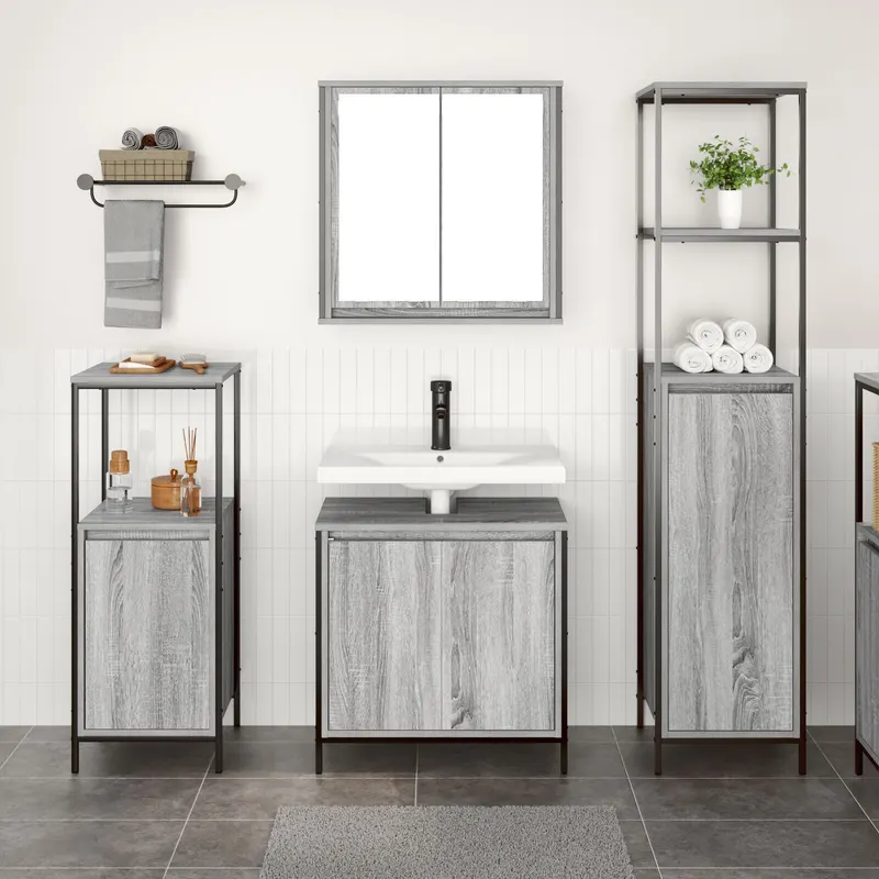 set mobila baie din 3 piese in gri sonoma din lemn prelucrat