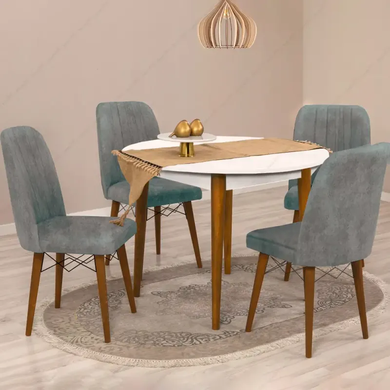 Masa bucatarie rotunda Brigitte, culoare alb si nuc, 90 cm