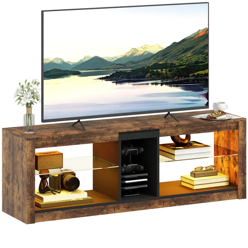 HOMCOM Mobilier TV cu lumină LED și telecomandă, rafturi și compartimente deschise, 140x35x47cm, maro
