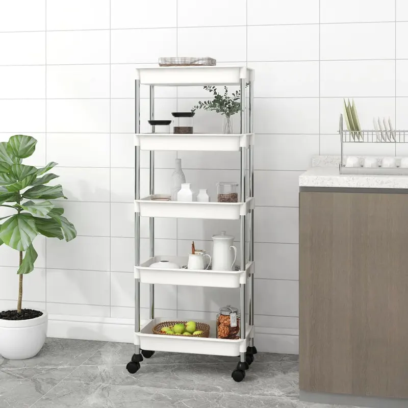 carucior de bucatarie 5 niveluri alb 42x29x128 cm fier si abs