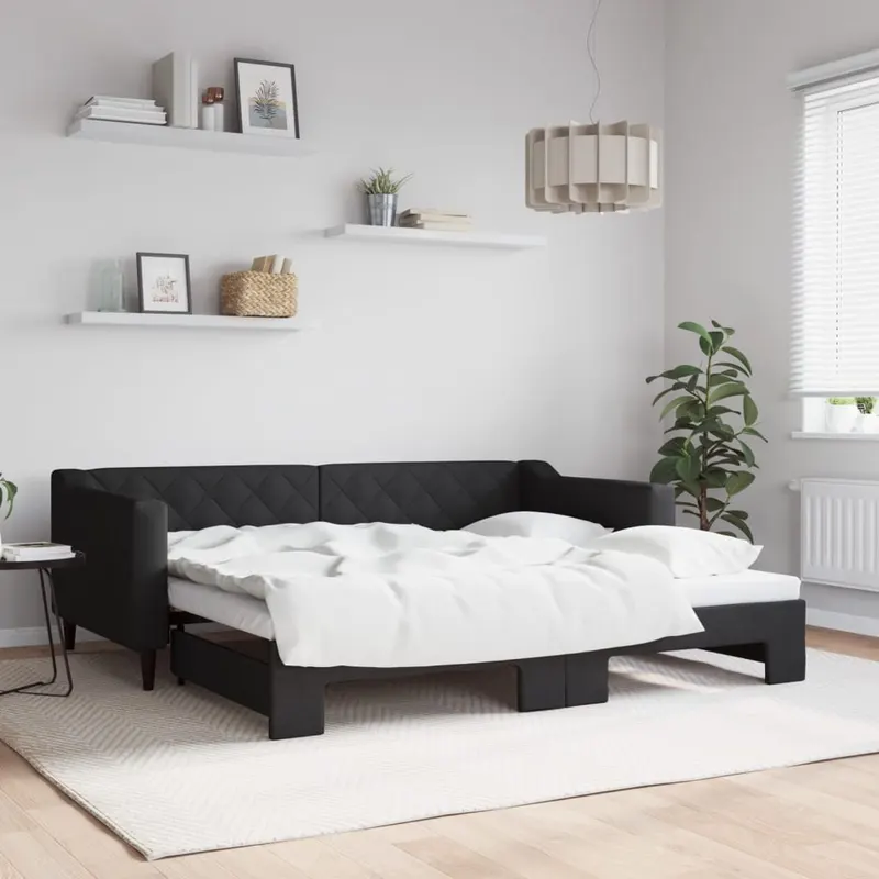 pat de zi cu extensie, negru, 90x190 cm, textil