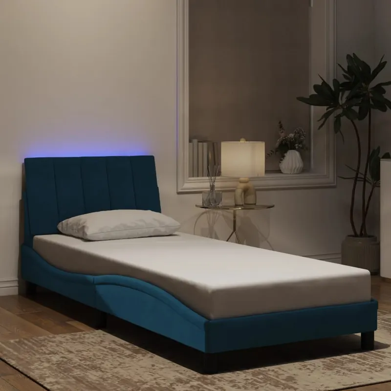 cadru de pat cu lumini led, albastru, 90x200 cm, catifea