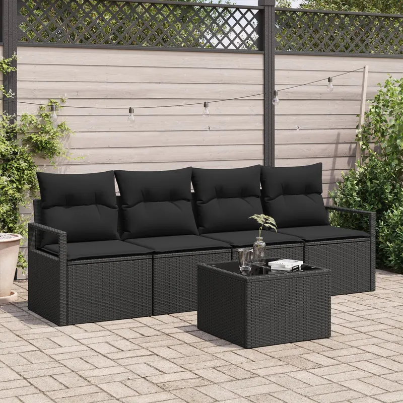 Set canapea gradina cu perne negre din ratan poliester, canapea gradina pentru 2 persoane cu stocare si perne negre din ratan poliester
