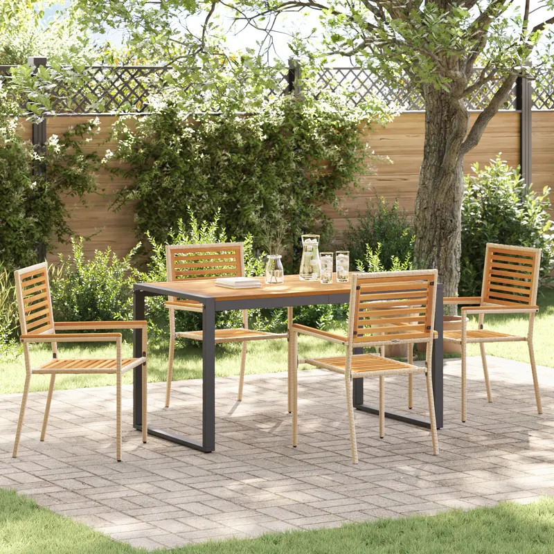 Set de dining pentru gradina 5 piese bej din poli ratan acacia, scaune stivuite pentru gradina cu perne - set de 2 in bej din poli ratan