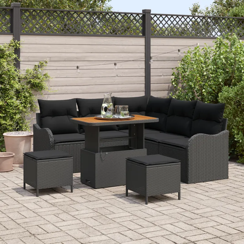 Set canapea gradina cu 8 piese si perne ratan negru acacia, canapea gradina cu doua locuri si perne ratan negru, set dining gradina cu 3 piese si perne ratan negru