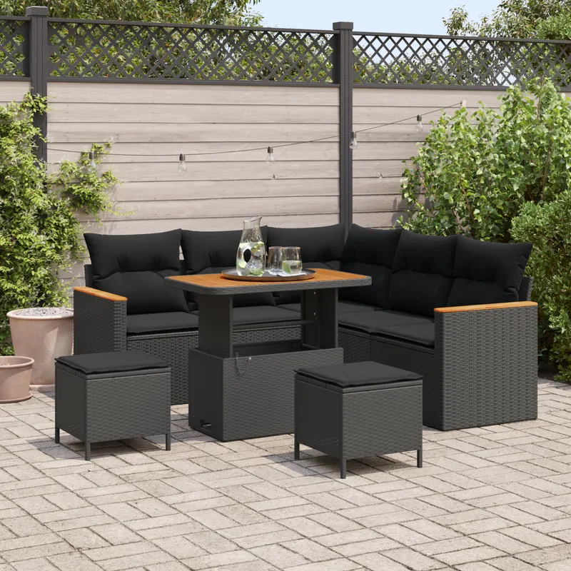 Set de canapea pentru gradina cu perne, 8 piese, negru, ratan poli, acacia, set de dining pentru gradina cu perne, 3 piese, negru, ratan poli, acacia