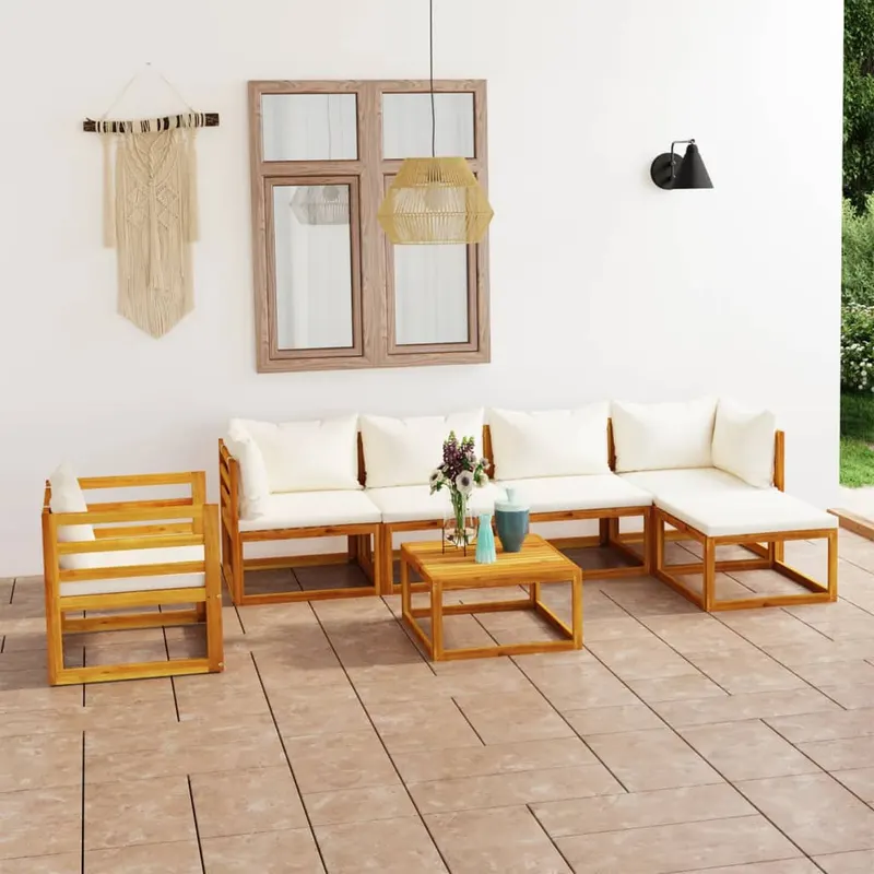 set mobilier gradina cu perne, 7 piese, crem, lemn masiv acacia