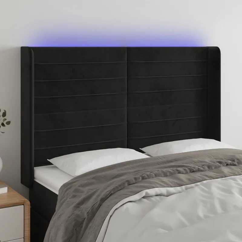 tablie de pat cu led, negru, 147x16x118/128 cm, catifea