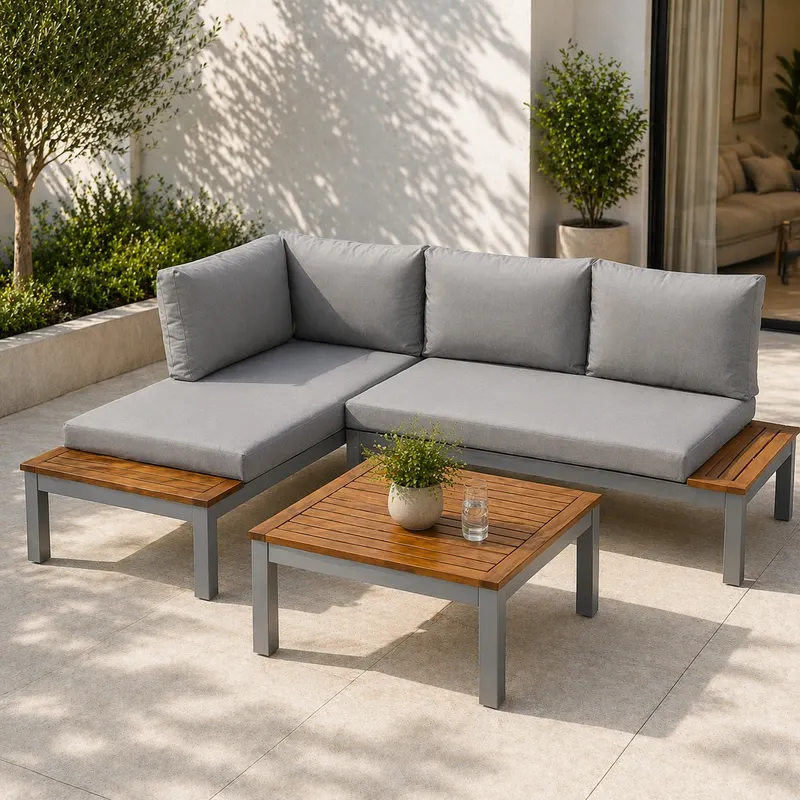 Set mobilier gradina Bohito modular cu perne, 2 canapele si masa, cadru aluminiu si lemn eucalipt, 138x76 cm, gri