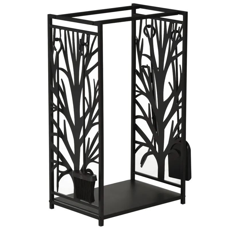 HOMCOM Rack din lemn de ars Suport lemne 4 scule din otel Max. 100kg negru