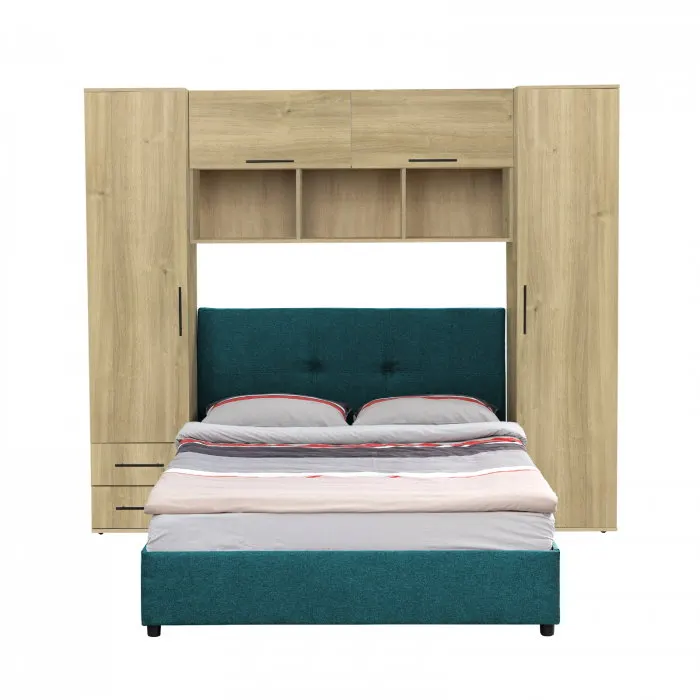 Set dormitor tineret YASMIN M1, 3 corpuri, stejar Belfast , 238x50x200 cm + Pat tapitat 140x200 cm ECONO I, turcoaz