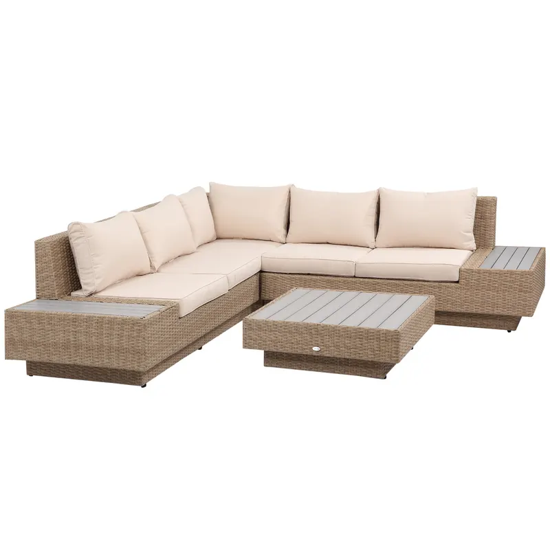 Outsunny Set Living de Gradina din Rattan, 4 Piese, Coltar pentru Exterior cu Perne, Masute Laterale si Masuta de Cafea, Maro Deschis
