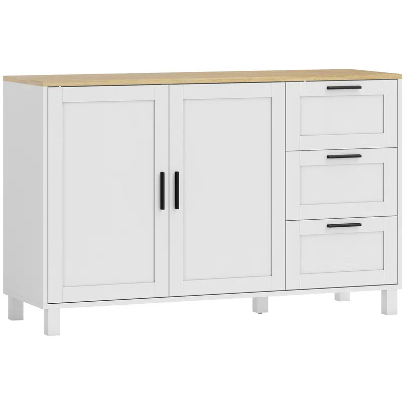 HOMCOM Bufet living, mobilier de depozitare, uși duble cu închidere amortizată, 3 sertare și raft reglabil, 120x38x76cm, alb