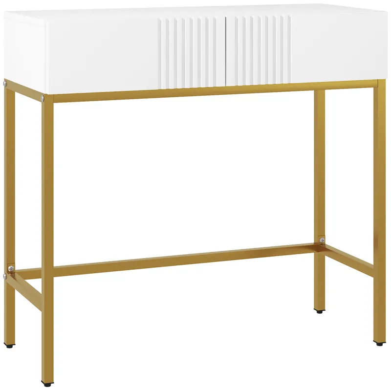 HOMCOM Masă Consolă cu 2 Sertare, Masă Modernă de Intrare cu Bază din Oțel în Ton Auriu, 80x31.5x75 cm, Alb