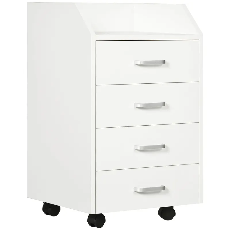 Vinsetto Dulap Birou din Lemn cu 4 Sertare, Fiset Birou cu Roti si Margini Inaltate, 40x36x65cm, Alb
