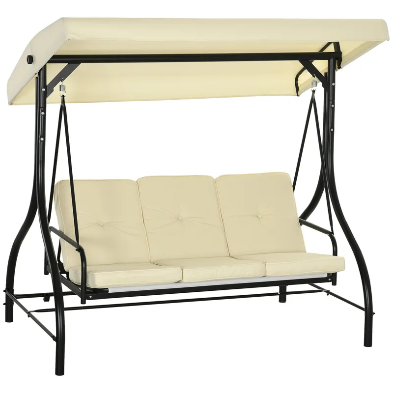 Outsunny Balansoar de Gradina 3 Locuri, Balansoar Pat pentru Exterior cu Copertina Reglabila, din Metal si tesut Teslin, Bej si Negru