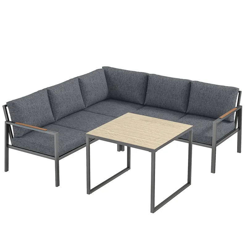 Outsunny Set Mobilier de Grădină Exterior 3 Piese 5 Persoane, 2 Canapele cu Perne Groase, 1 Masă de Cafea, 183x183x72cm, Gri Închis