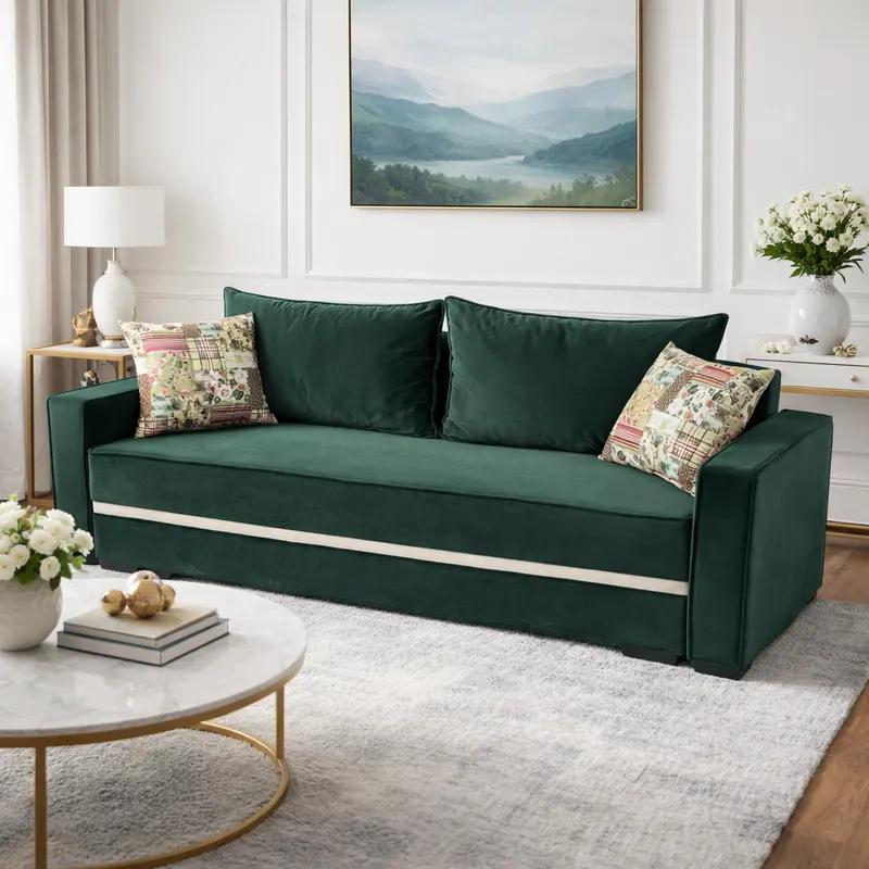 Canapea LARISA extensibila, 3 locuri, cu lada de depozitare, culoare verde padure , 220x95x85 Verde padure, Catifea