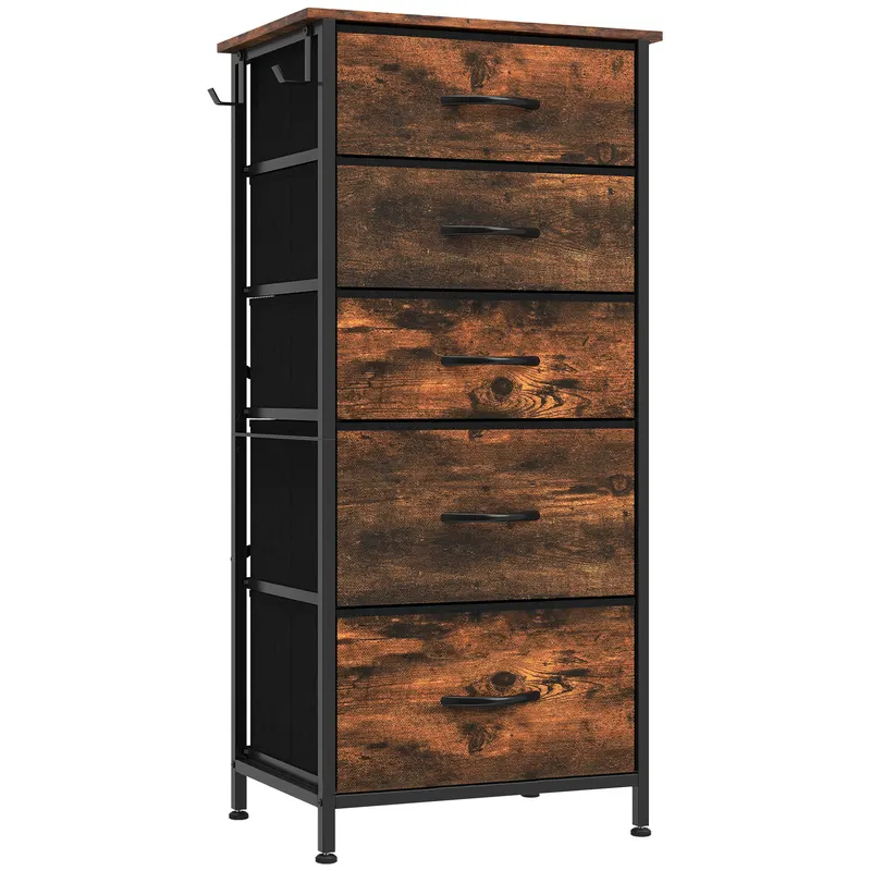 HOMCOM Comodă 5 sertare din material textil pliabile, comodă pentru dormitor adulți cu buzunare laterale și 2 cârlige, maro rustic