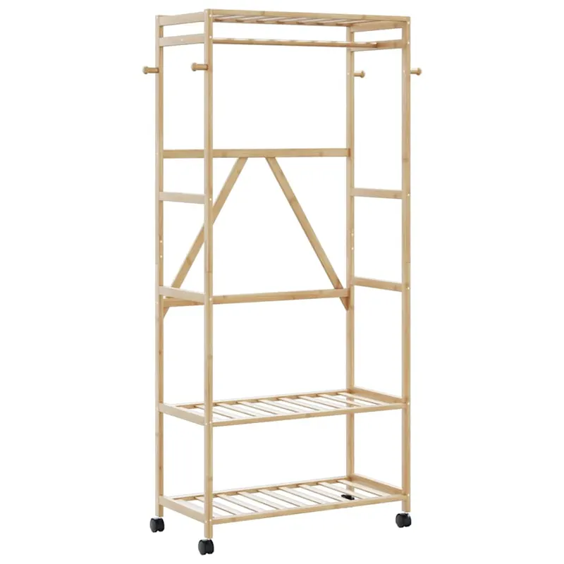 suport pentru haine cu rafturi si roti 90x40x179,5 cm bambus