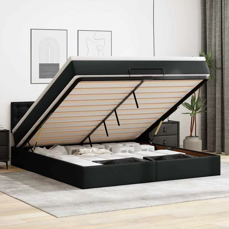 pat otoman cu saltele si leds, negru 160x200cm, piele ecologica