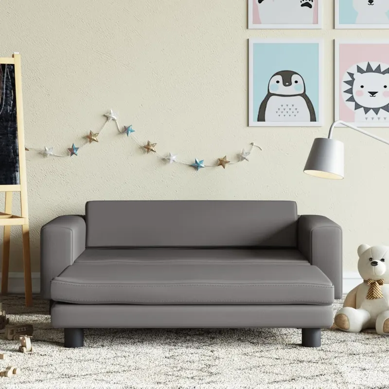 canapea copii cu taburet gri 100x50x30cm piele ecologica