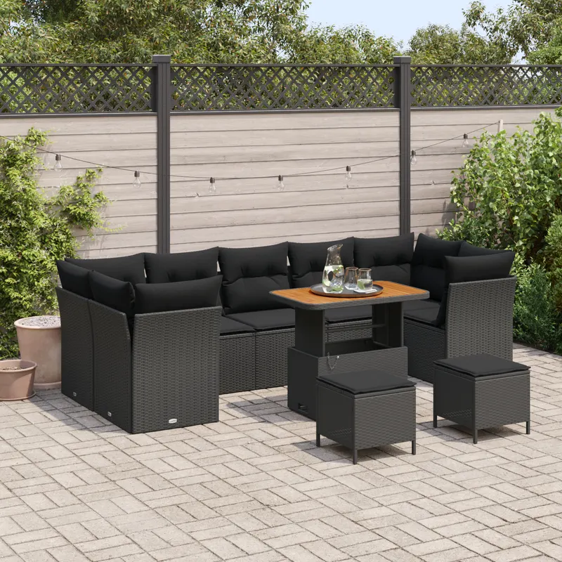 Set de sofa de gradina cu 10 piese si perne negru poliratan acacia, set de dining pentru gradina cu 3 piese si perne negru poliratan acacia