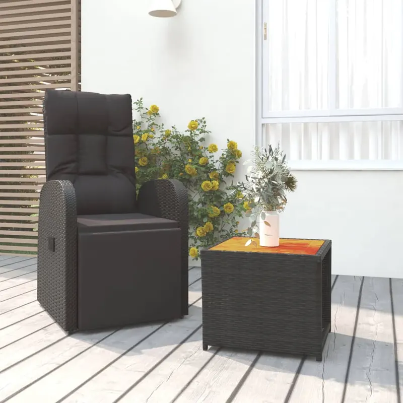 set sezlonguri gradina, 2 piese, negru, poliratan&lemn acacia