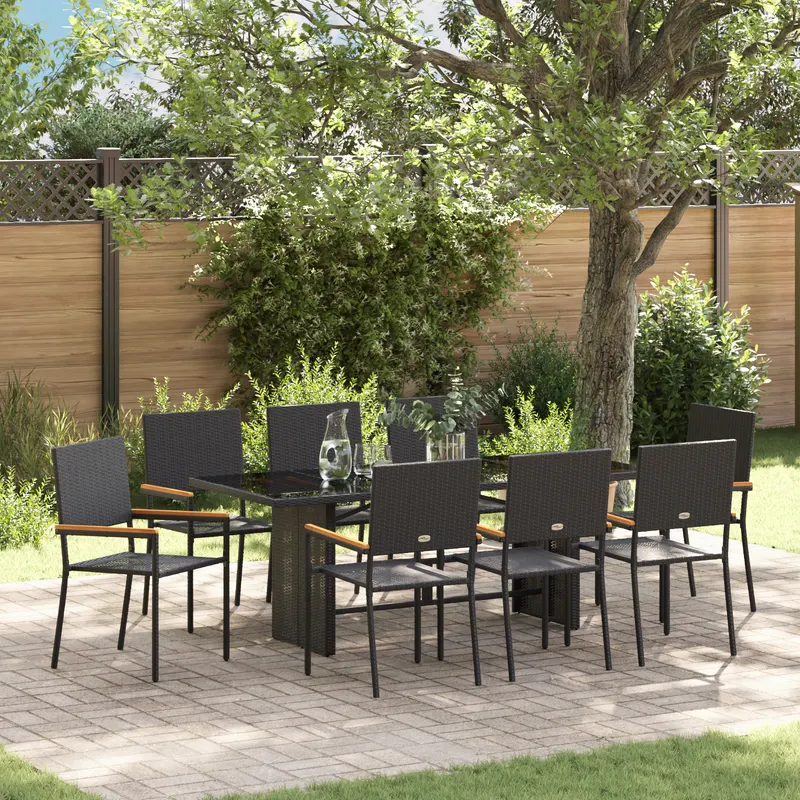 Set de dining pentru gradina de 9 piese negru ratansintetic, scaune de gradina stivuibile cu perne - set de 2 piese in negru ratan sintetic