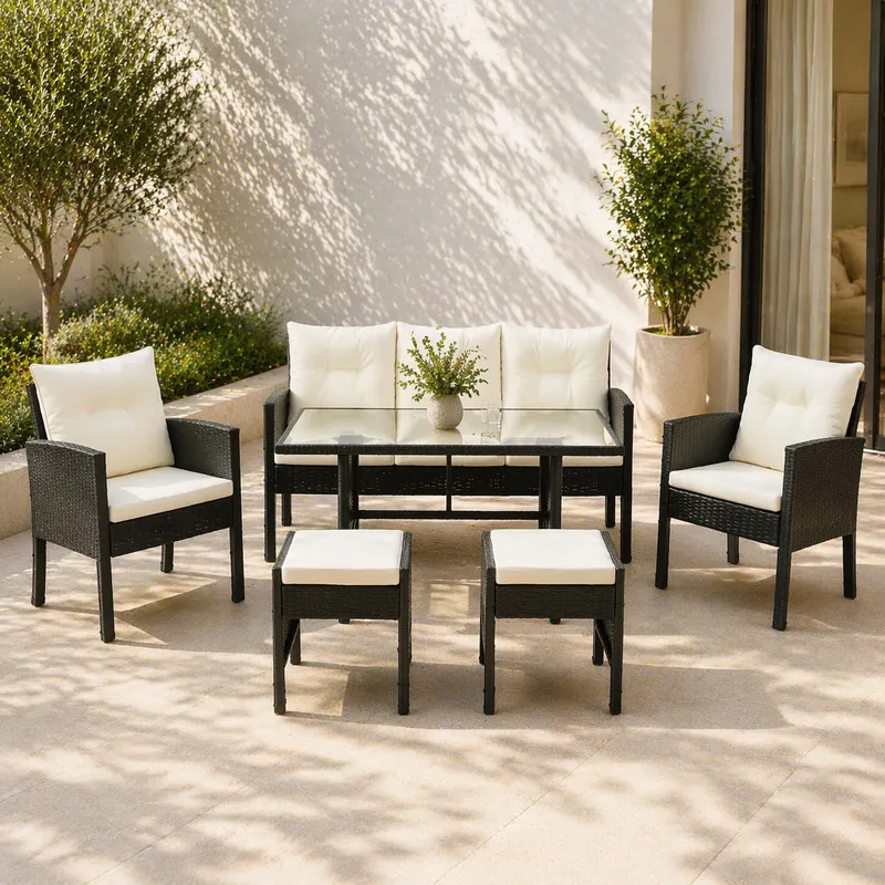 Set mobilier gradina Vaduz 6 piese, canapea 3 locuri, 2 fotolii, 2 tabureti si masa, ratan sintetic, blat sticla, negru si crem