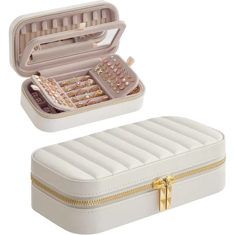 Cutie pentru bijuterii de calatorie, cu oglinda si compartimente organizate, 20x10x6 cm, alb
