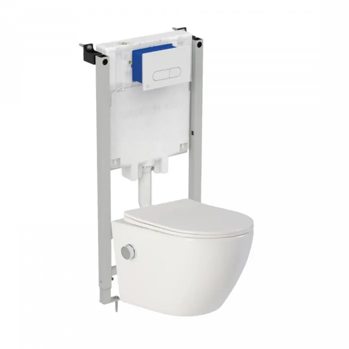 Set vas wc suspendat cu functie bideu, semirotund, rimless, baterie crom Oslo si rezervor incastrat Prosys cu set de fixare inclus si clapeta Oleas M1 alb lucios, Ideal Standard