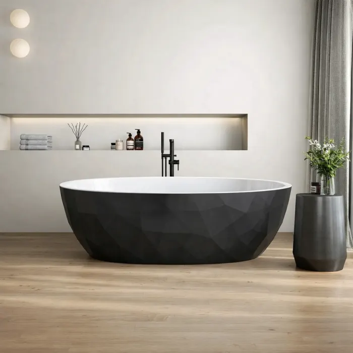 Cada freestanding compozit, negru cu alb, forme 3D, ovala 167 x 82 cm, Armonia