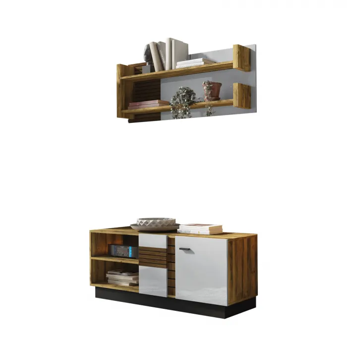 Set Living VAL GARDENA, 2 corpuri, comoda VG4, etajera, VG9, corp PAL nuc, fronturi MDF late lucios