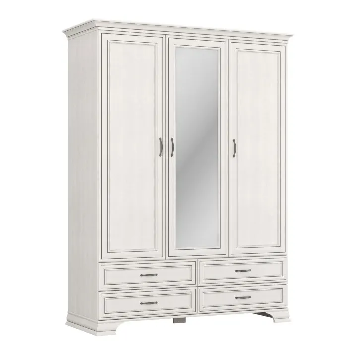 Dulap 3 usi si 4 sertare cu oglinda TIFFANY, cu bara haine si rafturi, crem fineline, 159x62,4x212,1 cm