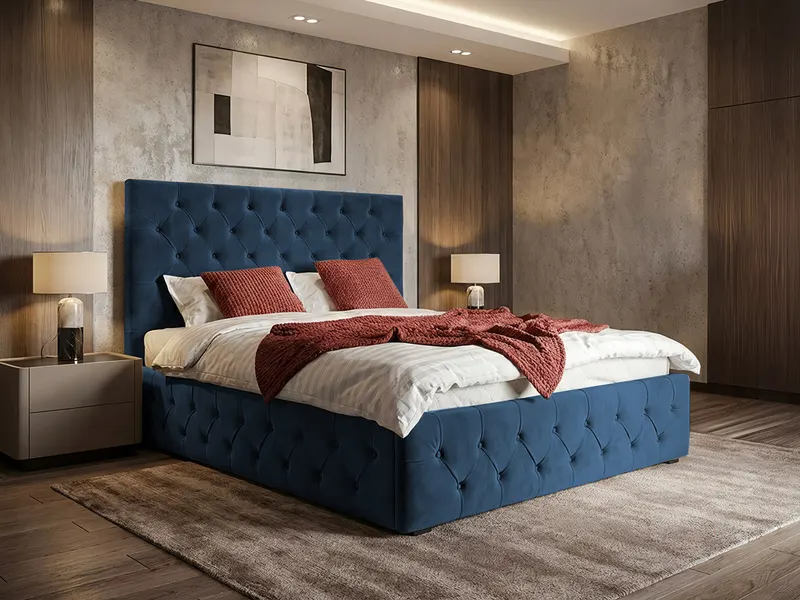 Pat Tapitat cu somiera fixa - Noble Albastru Navy - Velluto 25 160x200
