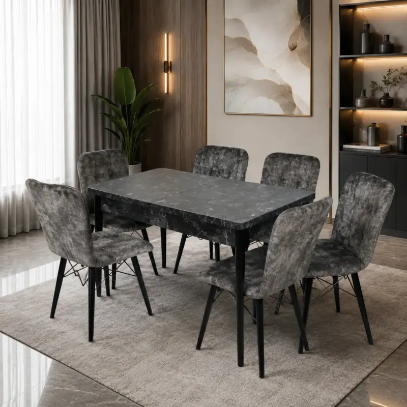 Set masa extensibila cu 6 scaune tapitate cristal negru-gri 170 x 80 cm