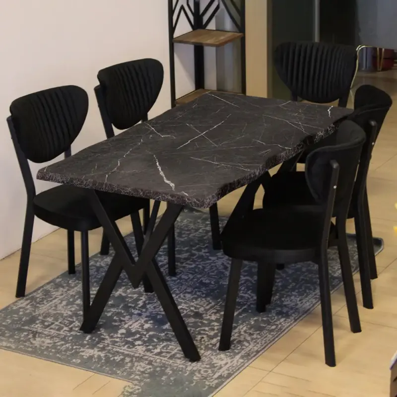 Set Masa de bucatarie Barton din MDF cu 4 Scaune din metal, culaore negru si negru, 140 cm