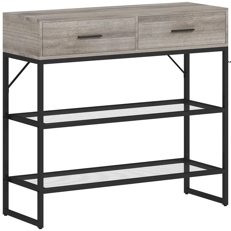 HOMCOM Console Table with 2 Drawers and 2 Mesh Shelves, Hallway Table with Metal Frame for Living Room, Entryway, Light Grey Wood Effect