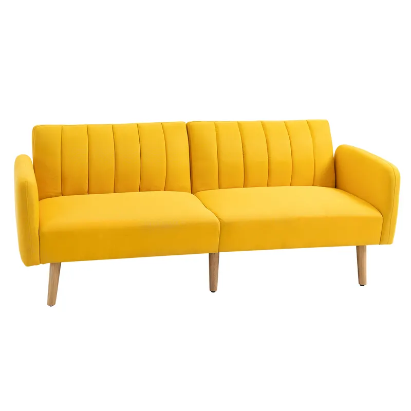 HOMCOM Canapea extensibilă 2 locuri modernă 173x75x73 cm Canapea pliabilă tapițată cu material sintetic cu aspect de in, spătar reglabil în 3 trepte și cotiere detașabile pentru living/birou Galben