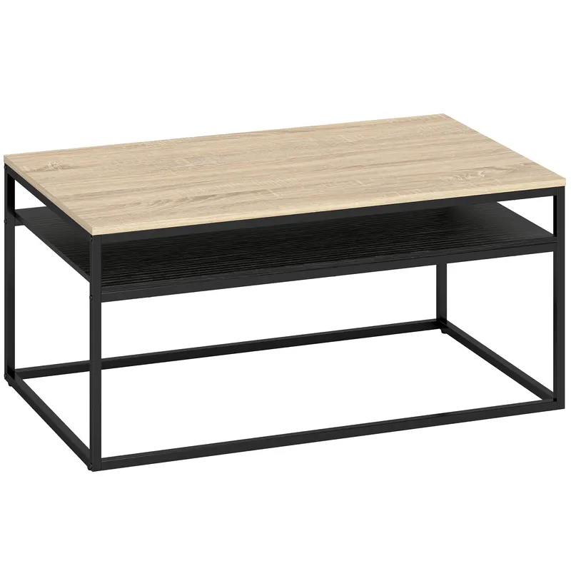 HOMCOM Masă de cafea cu raft, stil industrial modern, 2 rafturi & picioare reglabile, stejar
