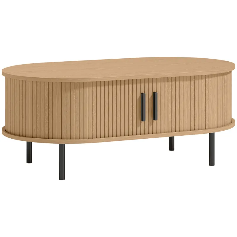 HOMCOM Măsuță de cafea ovală din lemn, masă de salon modernă cu uși glisante și depozitare ascunsă, 100x55x40cm, lemn natural