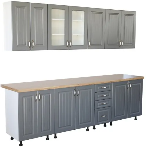 Bucatarie Zebra 260 cm din MDF Gri cu blat gros termoizolant culoare Artar